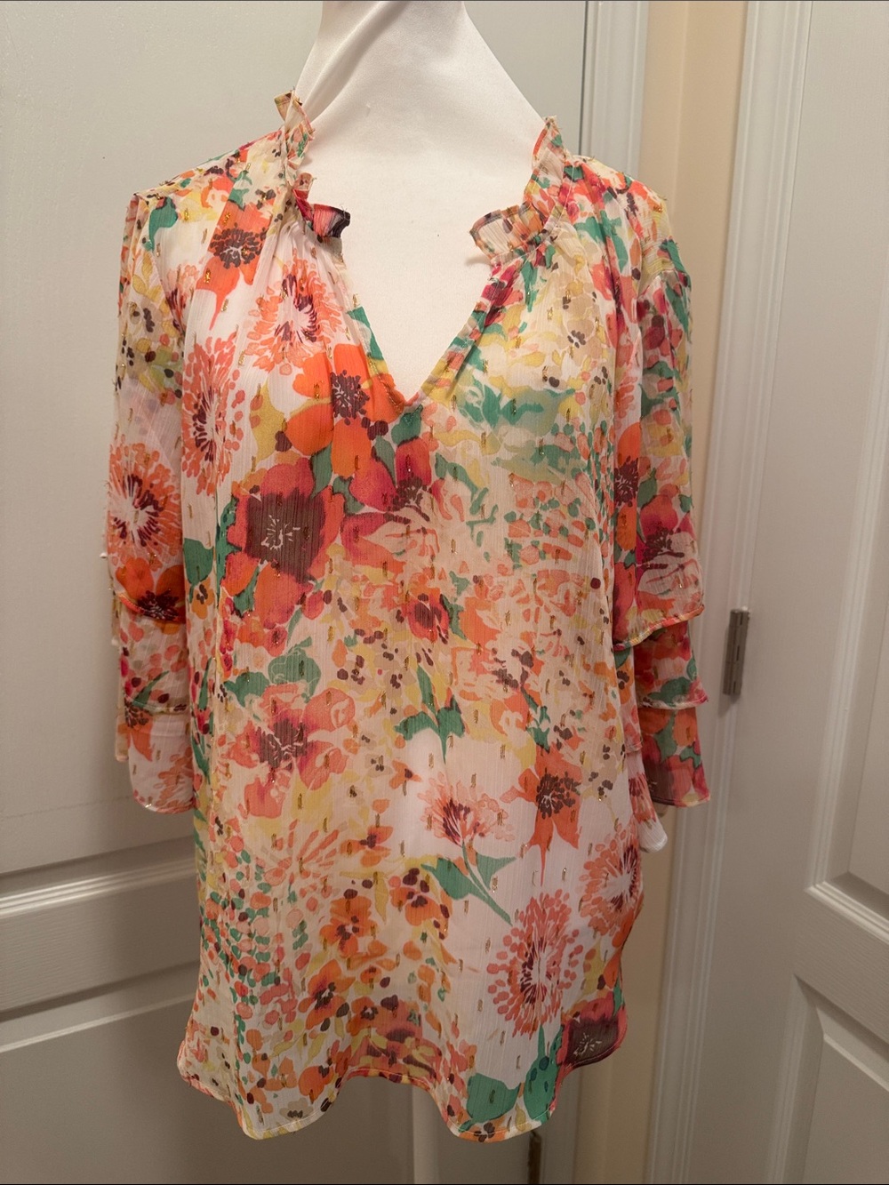 Chico's Tropical Floral Sheer Georgette Split-Neck Blouse - Size 12